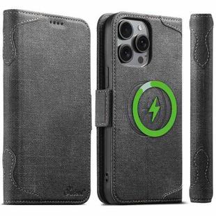 For iPhone 12 Pro Max Suteni J07 Multi-functional Horizontal MagSafe Denim Leather Phone Case(Black)