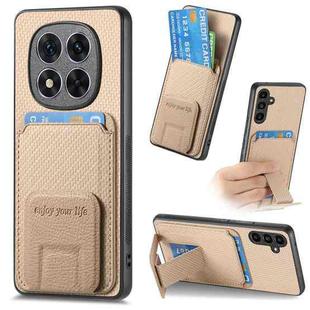 For Redmi Note 14 5G Carbon Fiber Card Bag Fold Stand Phone Case(Khaki)