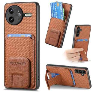 For Redmi K80 / Poco F7 Pro Carbon Fiber Card Bag Fold Stand Phone Case(Brown)