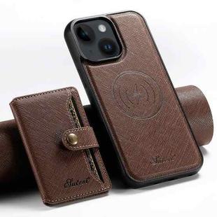 For iPhone 15 Plus Suteni H20 Cross-Grain MagSafe Horizontal Card Bag Back Phone Case(Brown)