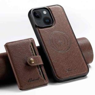 For iPhone 15 Suteni H20 Cross-Grain MagSafe Horizontal Card Bag Back Phone Case(Brown)