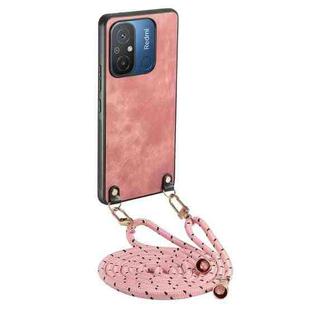 For Xiaomi Redmi 12C Vintage Leather PC Back Cover Phone Case with Crossbody Strap(Pink)