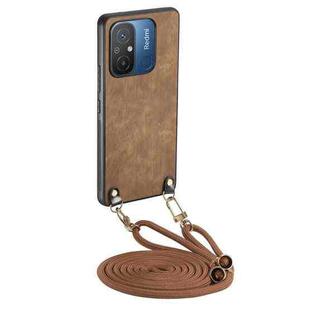 For Xiaomi Redmi 12C Vintage Leather PC Back Cover Phone Case with Crossbody Strap(Brown)