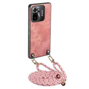 For Xiaomi Poco M5s 4G Vintage Leather PC Back Cover Phone Case with Crossbody Strap(Pink)