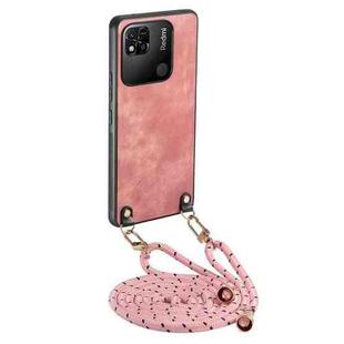 For Xiaomi Redmi 10A Vintage Leather PC Back Cover Phone Case with Crossbody Strap(Pink)