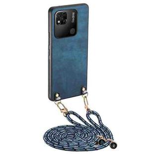 For Xiaomi Redmi 10A Vintage Leather PC Back Cover Phone Case with Crossbody Strap(Blue)