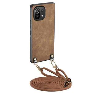 For Xiaomi Mi 11 Lite Vintage Leather PC Back Cover Phone Case with Crossbody Strap(Brown)