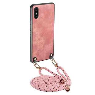 For Xiaomi Redmi 9A Vintage Leather PC Back Cover Phone Case with Crossbody Strap(Pink)