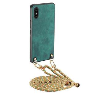 For Xiaomi Redmi 9A Vintage Leather PC Back Cover Phone Case with Crossbody Strap(Green)