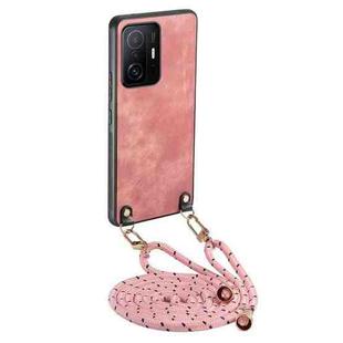 For Xiaomi Mi 11T / 11T Pro Vintage Leather PC Back Cover Phone Case with Crossbody Strap(Pink)