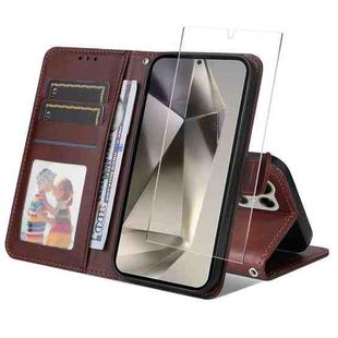 For Samsung Galaxy S24 Ultra 5G ENKAY Card Wallet Calf Texture Leather Phone Case with Screen Film(Brown)