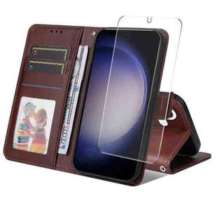 For Samsung Galaxy S24 5G ENKAY Card Wallet Calf Texture Leather Phone Case with Screen Film(Brown)