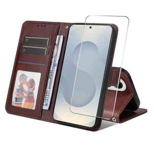 For Samsung Galaxy S25 Edge 5G ENKAY Card Wallet Calf Texture Leather Phone Case with Screen Film(Brown)