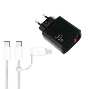 PD31 30W USB-C / Type-C + USB-A Charger with Type-C+8 Pin 2-in-1 Data Cable, EU Plug(Black)