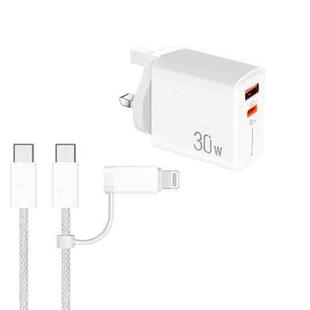 PD31 30W USB-C / Type-C + USB-A Charger with Type-C+8 Pin 2-in-1 Data Cable, UK Plug(White)