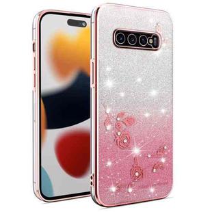 For Samsung Galaxy S10+ Gradient Glitter Flower All-inclusive Phone Case(Pink)