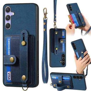 For Samsung Galaxy S25 5G Retro Cross Wristband Wallet Leather Back Phone Case(Blue)