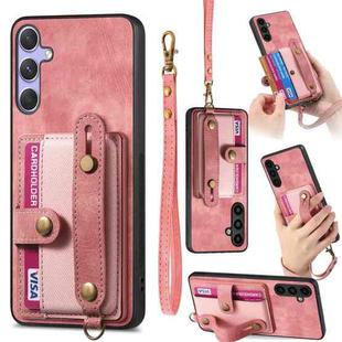 For Samsung Galaxy S25+ 5G Retro Cross Wristband Wallet Leather Back Phone Case(Pink)