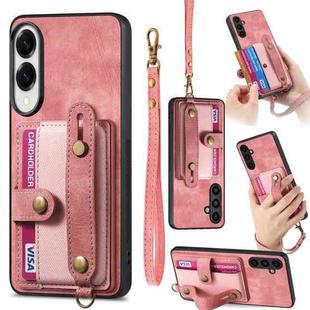 For Samsung Galaxy S25 Edge 5G Retro Cross Wristband Wallet Leather Back Phone Case(Pink)