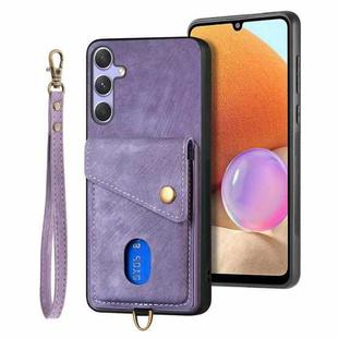 For Samsung Galaxy S25 5G Retro Card Wallet Fold Leather Phone Case with Strap(Purple)