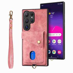 For Samsung Galaxy S25 Ultra 5G Retro Card Wallet Fold Leather Phone Case with Strap(Pink)