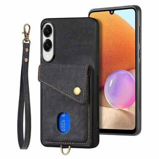 For Samsung Galaxy S25 Edge 5G Retro Card Wallet Fold Leather Phone Case with Strap(Black)