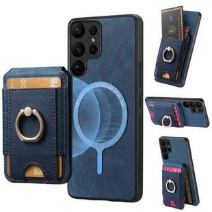 For Samsung Galaxy S23 Ultra 5G Retro Splitable Magnetic Stand Card Bag Leather Phone Case(Blue)