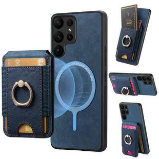 For Samsung Galaxy S22 Ultra 5G Retro Splitable Magnetic Stand Card Bag Leather Phone Case(Blue)