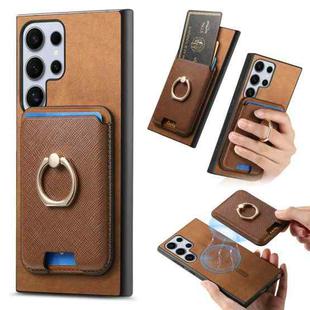 For Samsung Galaxy S25 Ultra 5G Retro Cross Leather Ring Vertical Insert Card Bag MagSafe Phone Case(Brown)