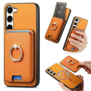 For Samsung Galaxy S24 FE 5G Retro Cross Leather Ring Vertical Insert Card Bag MagSafe Phone Case(Yellow)