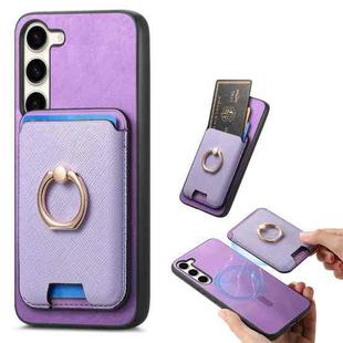 For Samsung Galaxy S24 FE 5G Retro Cross Leather Ring Vertical Insert Card Bag MagSafe Phone Case(Purple)