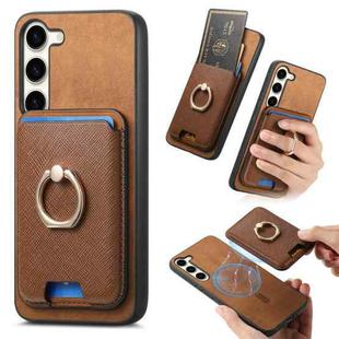 For Samsung Galaxy S24 FE 5G Retro Cross Leather Ring Vertical Insert Card Bag MagSafe Phone Case(Brown)