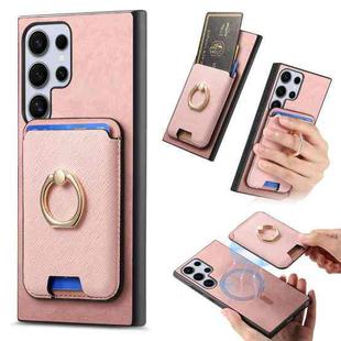 For Samsung Galaxy S24 Ultra 5G Retro Cross Leather Ring Vertical Insert Card Bag MagSafe Phone Case(Pink)