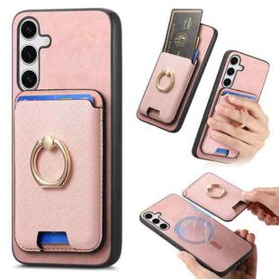 For Samsung Galaxy S24+ 5G Retro Cross Leather Ring Vertical Insert Card Bag MagSafe Phone Case(Pink)
