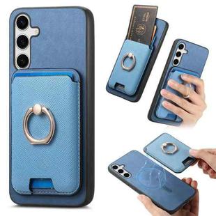 For Samsung Galaxy S24 5G Retro Cross Leather Ring Vertical Insert Card Bag MagSafe Phone Case(Blue)