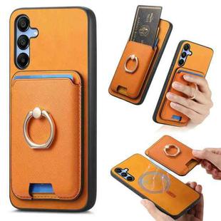 For Samsung Galaxy A25 Retro Cross Leather Ring Vertical Insert Card Bag MagSafe Phone Case(Yellow)