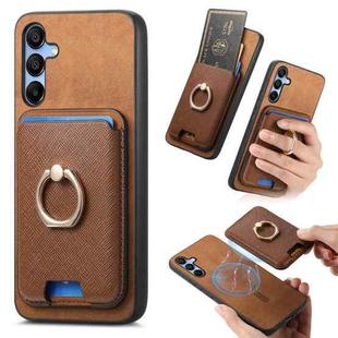 For Samsung Galaxy A25 Retro Cross Leather Ring Vertical Insert Card Bag MagSafe Phone Case(Brown)