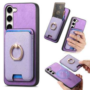 For Samsung Galaxy S23 5G Retro Cross Leather Ring Vertical Insert Card Bag MagSafe Phone Case(Purple)