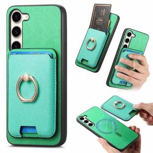 For Samsung Galaxy S23 5G Retro Cross Leather Ring Vertical Insert Card Bag MagSafe Phone Case(Green)