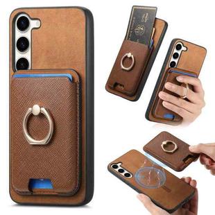 For Samsung Galaxy S23 5G Retro Cross Leather Ring Vertical Insert Card Bag MagSafe Phone Case(Brown)