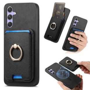 For Samsung Galaxy A14 Retro Cross Leather Ring Vertical Insert Card Bag MagSafe Phone Case(Black)