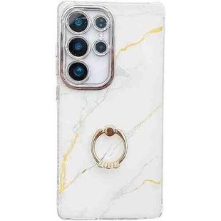 For Samsung Galaxy S25 Ultra 5G Electroplated Marble Texture Ring Holder Phone Case(Gold White S1)