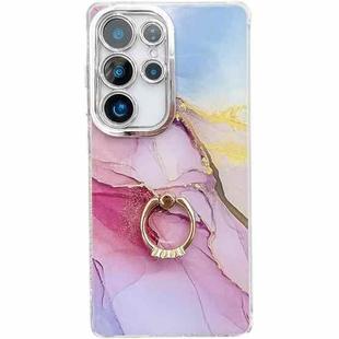 For Samsung Galaxy S25 Ultra 5G Electroplated Marble Texture Ring Holder Phone Case(Gold Pink Red  S12)