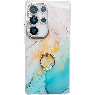For Samsung Galaxy S25 Ultra 5G Electroplated Marble Texture Ring Holder Phone Case(Yellow Green S13)