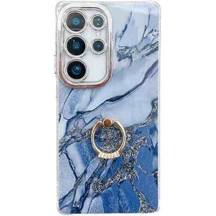 For Samsung Galaxy S25 Ultra 5G Electroplated Marble Texture Ring Holder Phone Case(Navy Blue S17)
