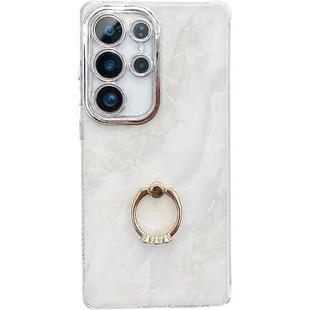 For Samsung Galaxy S24 Ultra 5G Electroplated Marble Texture Ring Holder Phone Case(White S8)