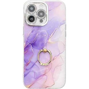 For iPhone 16 Pro Max Electroplated Marble Texture Ring Holder Phone Case(Purple S3)