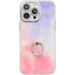 For iPhone 16 Pro Max Electroplated Marble Texture Ring Holder Phone Case(Purple Pink S14)