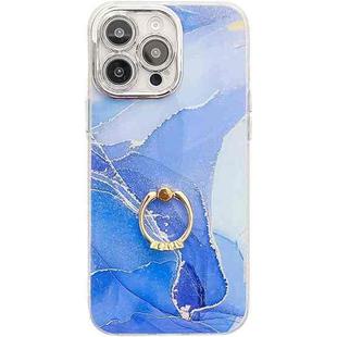 For iPhone 16 Pro Max Electroplated Marble Texture Ring Holder Phone Case(Dark Blue S16)