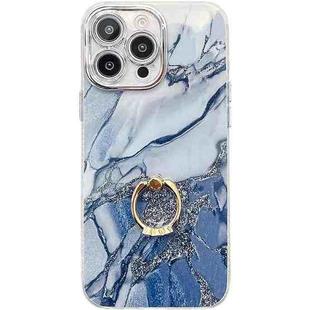 For iPhone 16 Pro Max Electroplated Marble Texture Ring Holder Phone Case(Navy Blue S17)